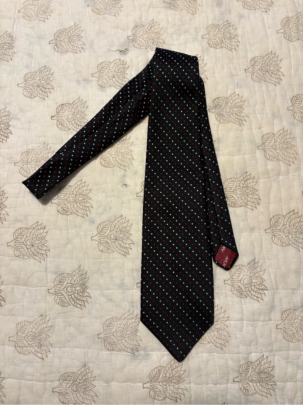 Givenchy Black Silk Tie with Red and White Microdots